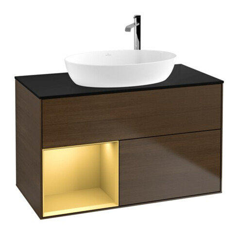 V&B Meuble sous lavabo Finion 100, Pl bleu mat, Réglette dorée mate, noyer veinée