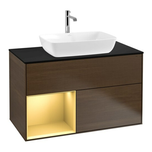 V&B Meuble sous-lavabo Finion 100, Pl bleu mat, Réglette dorée mate, noyer veinée