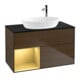 V&B Meuble sous-lavabo Finion 100, Pl bleu mat, Réglette or mat Lac, noyer veinée-1