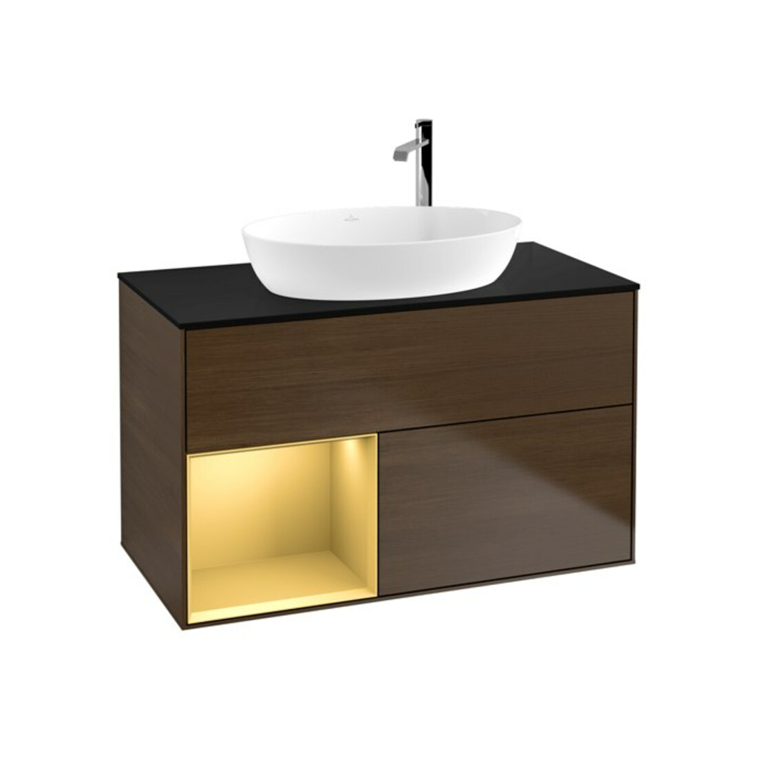 V&B Meuble sous-lavabo Finion 100, Pl bleu mat, Réglette or mat Lac, noyer veinée