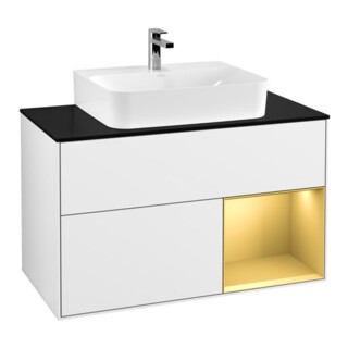 V&B Meuble sous lavabo Finion 100, Pl bleu mat, Réglette réglable mat, blanc brillant, laqué
