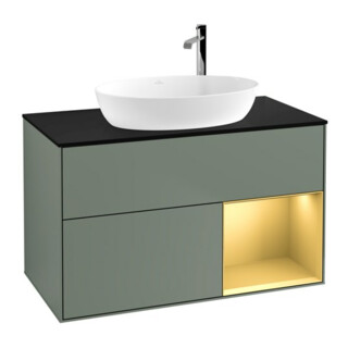 V&B Meuble sous lavabo Finion 100, Pl bleu mat, Regor doré mat Lac, Oli. mat Lac