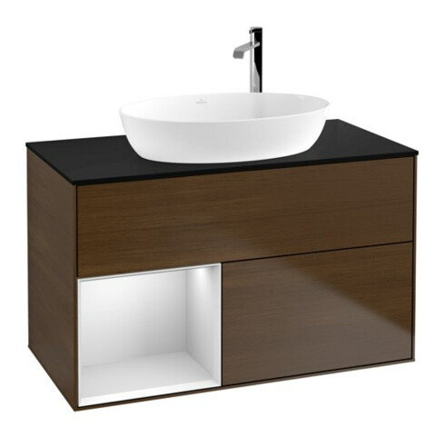 V&B Meuble sous lavabo Finion 100, Pl bleu mat, tiroir blanc mat laqué, noyer veneer