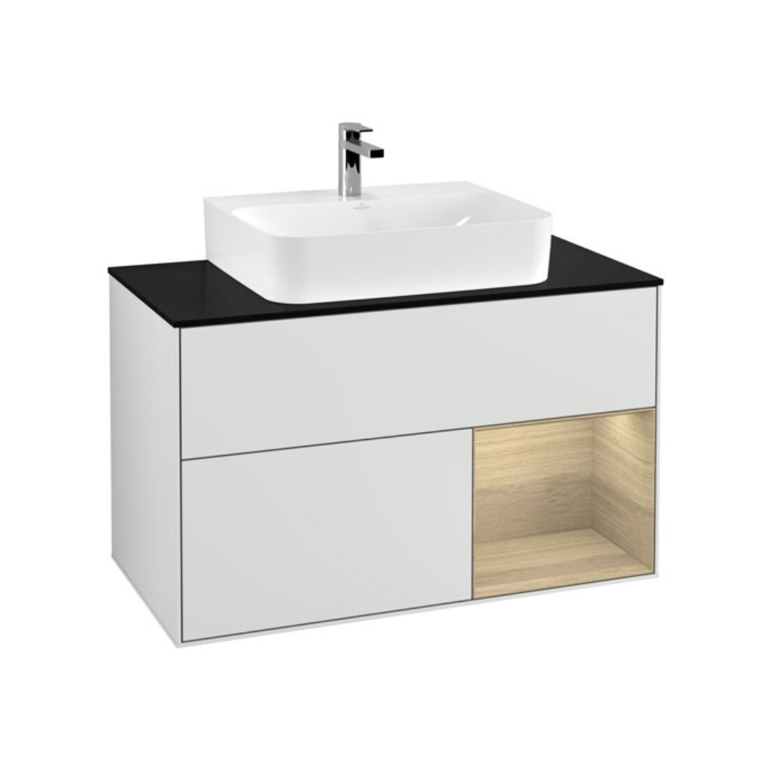 V&B Meuble sous lavabo Finion 100, Pl bleu mat, Tiroir droite Oa ven, blanc mat Lac