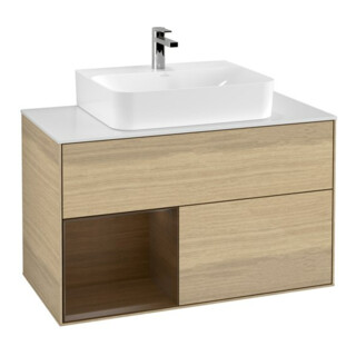 V&B Meuble sous lavabo Finion 100, pl bleu mat, tiroir gauche, poignée venise