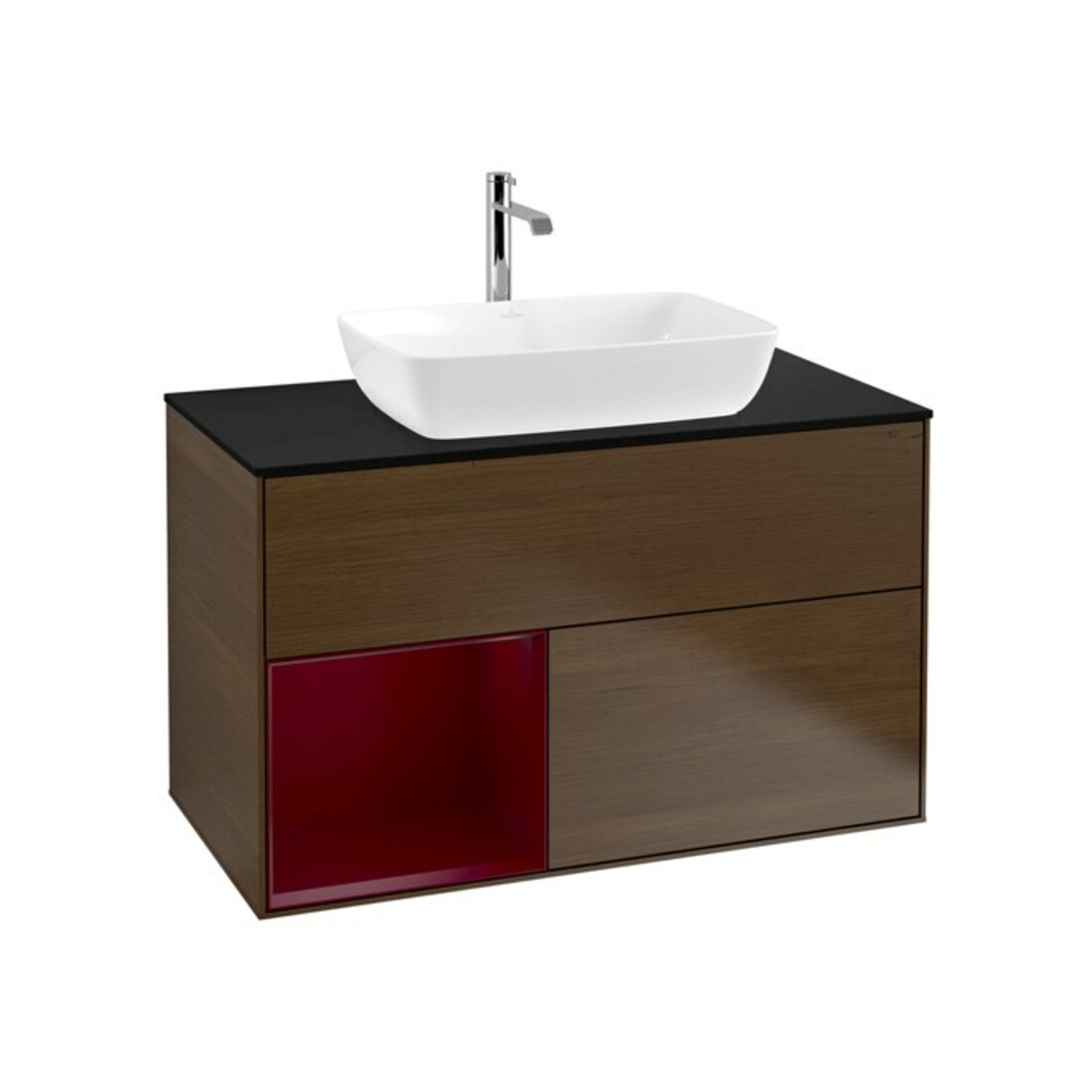 V&B Meuble sous lavabo Finion 100, Pl bleu mat, tiroir Peo mat laqué, noyer veinée