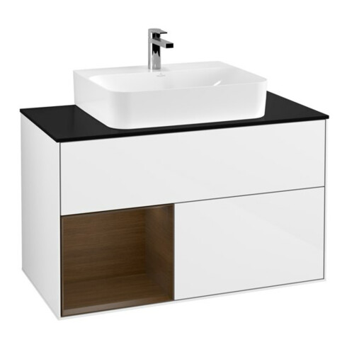 V&B Meuble sous lavabo Finion 100, Pl w m, Tiroir gauche, chêne sauvage, blanc brillant. Lac