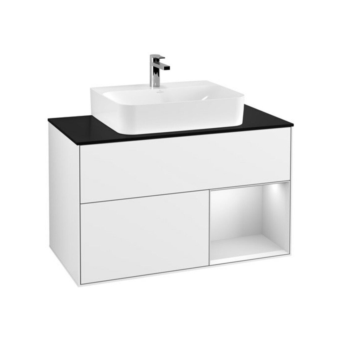 V&B Meuble sous lavabo Finion 100, Pla blanc mat, Arrière rouge blanc mat Lac, brillant blanc Lac