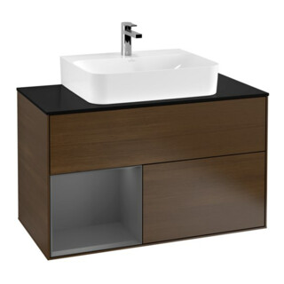 V&B Meuble sous lavabo Finion 100, Pla blanc mat, Tiroir gauche Anthracite mat, veinage bois