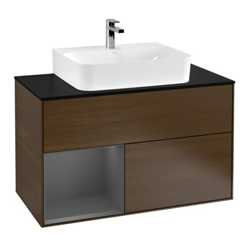 V&B Meuble sous lavabo Finion 100, Pla blanc mat, Tiroir gauche Anthracite mat, veinage bois