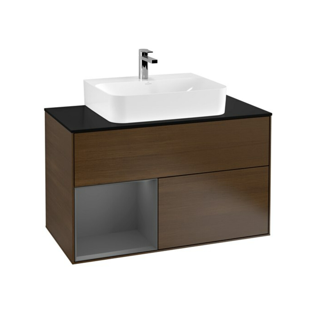 V&B Meuble sous lavabo Finion 100, Pla blanc mat, Tiroir gauche Anthracite mat, veinage bois