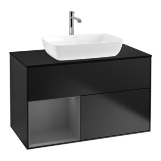 V&B Meuble sous lavabo Finion 100, placage blanc mat, façade en laque bleue mat