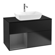 V&B Meuble sous lavabo Finion 100, placage blanc mat, façade en laque bleue mat