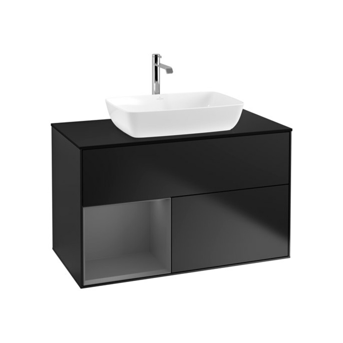 V&B Meuble sous lavabo Finion 100, placage blanc mat, façade en laque bleue mat