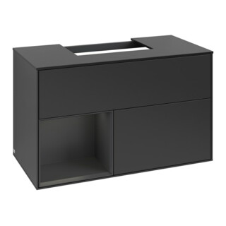 V&B Meuble sous lavabo Finion 100, placage blanc mat, façade laque gris moyen, corps laque bleu moyen