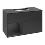 V&B Meuble sous lavabo Finion 100, placage blanc mat, façade laque gris moyen, corps laque bleu moyen-1