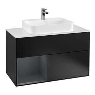 V&B Meuble sous lavabo Finion 100, placage blanc mat, façade laquée bleue mat