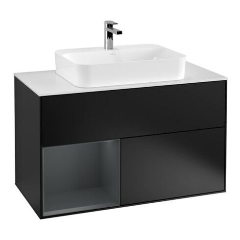 V&B Meuble sous lavabo Finion 100, placage blanc mat, façade laquée bleue mat