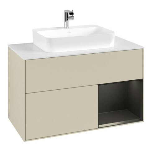 V&B Meuble sous lavabo Finion 100, placage blanc mat, façade rouge bleu mat, côtés gris mat