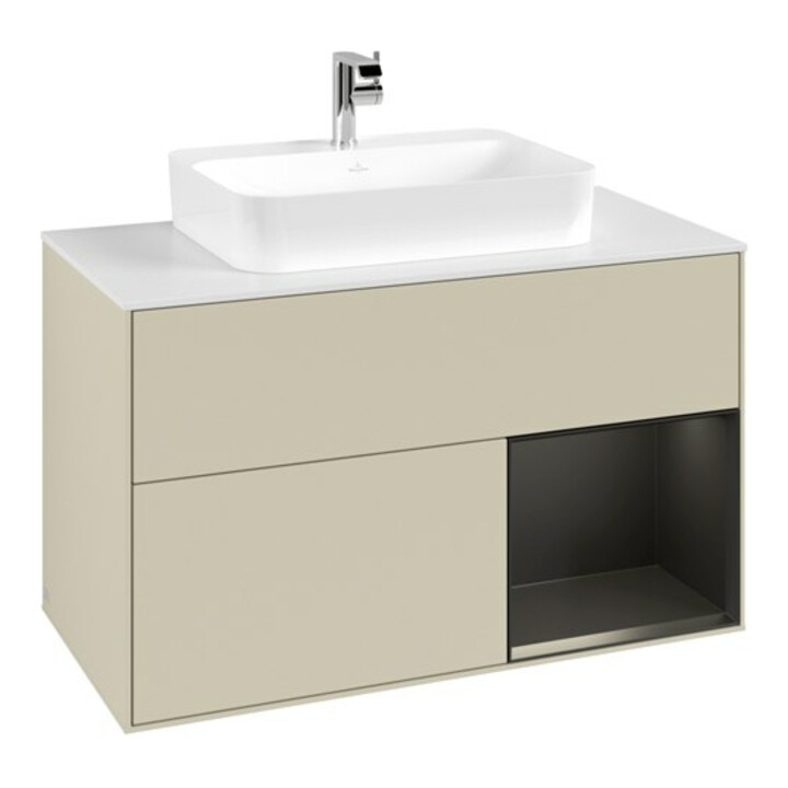 V&B Meuble sous lavabo Finion 100, placage blanc mat, façade rouge bleu mat, côtés gris mat