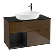 V&B Meuble sous lavabo Finion 100, placage blanc mat, laque blanche mate, noyer veinée