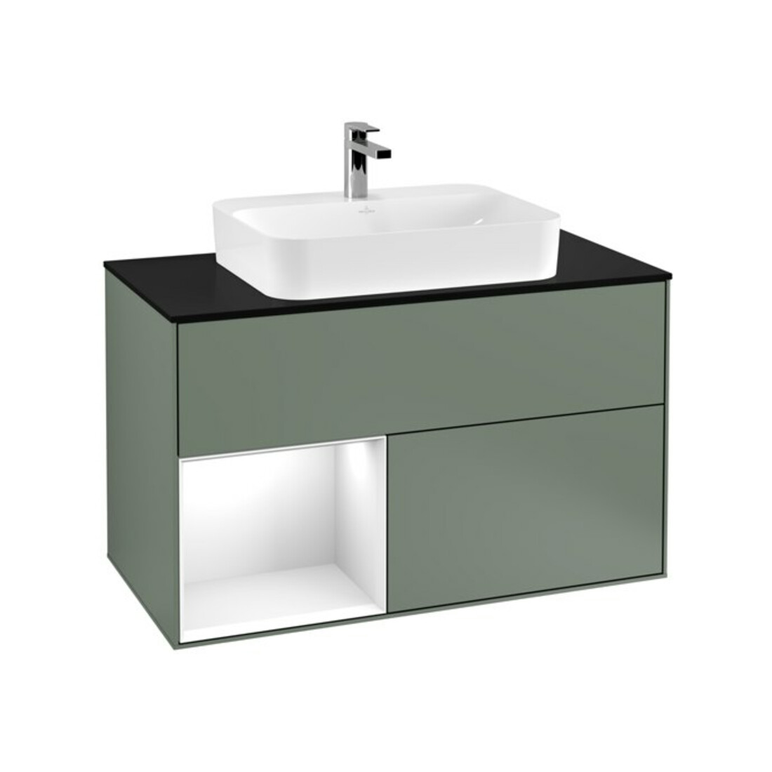 V&B Meuble sous lavabo Finion 100, placage blanc mat, laqué brillant, olivier mat