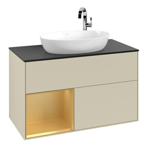 V&B Meuble sous-lavabo Finion 100, placage blanc mat, rangement doré mat laqué, poignée argent mat laqué