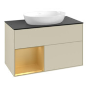 V&B Meuble sous-lavabo Finion 100, placage blanc mat, rangement doré mat, poignée argent mat