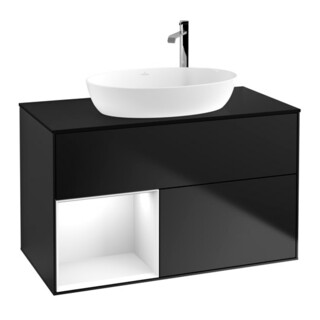 V&B Meuble sous lavabo Finion 100, placage blanc mat, rangement global blanc laqué, bleu mat laqué