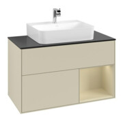 V&B Meuble sous lavabo Finion 100, placage blanc mat, rangement gris satin, laqué gris mat-3