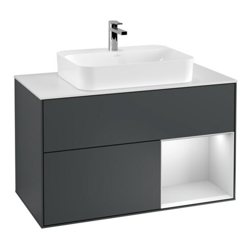 V&B Meuble sous lavabo Finion 100, placage blanc mat, réglage rouge blanc mat, médium bleu mat