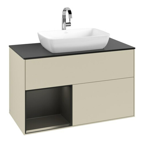 V&B Meuble sous lavabo Finion 100, placage blanc mat, tiroir bleu mat lacqué, poignée grise mat lacquée