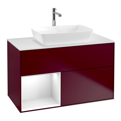 V&B Meuble sous lavabo Finion 100, placage blanc mat, tiroir global blanc laqué, poignée métal