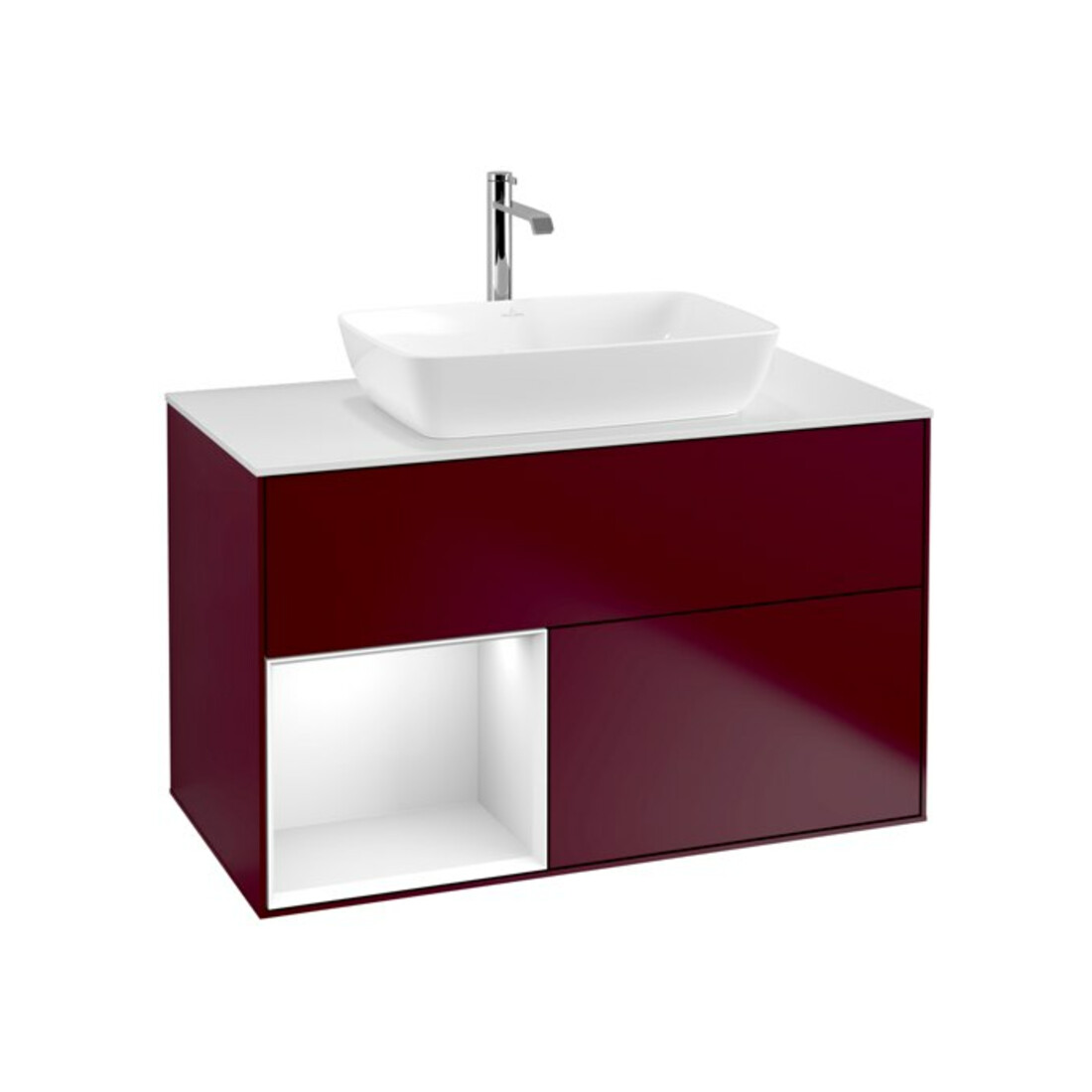 V&B Meuble sous lavabo Finion 100, placage blanc mat, tiroir global blanc laqué, poignée métal