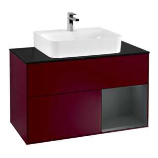 V&B Meuble sous lavabo Finion 100, placage blanc mat, tiroir réglable médian bleu mat, poignée métal
