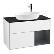 V&B Meuble sous lavabo Finion 100, placage bleu, étagère médiane, laque blanc brillant