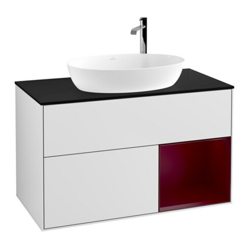 V&B Meuble sous lavabo Finion 100, placage bleu, étagère Peo, blanc laqué