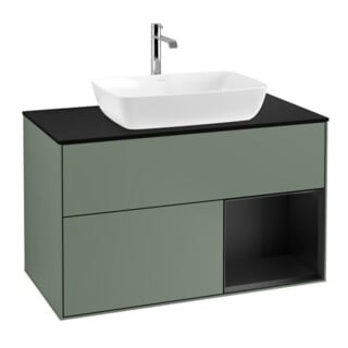 V&B Meuble sous lavabo Finion 100, placage bleu mat, étagère bleu mat laqué, huile mat laqué