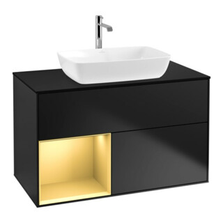 V&B Meuble sous-lavabo Finion 100, placage bleu mat, réglette dorée mat, laqué bleu mat