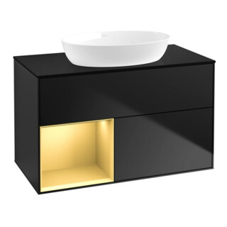 V&B Meuble sous-lavabo Finion 100, placage bleu mat, réglette dorée mat, placage bleu mat