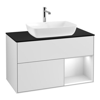 V&B Meuble sous lavabo Finion 100, placage bleu mat, tiroir blanc mat laqué