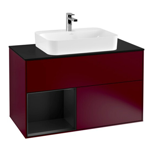 V&B Meuble sous lavabo Finion 100, placage bleu mat, tiroir gauche bleu mat Lac, poignée mat Peo