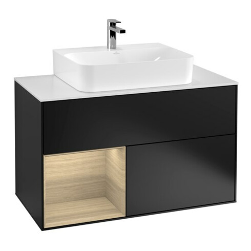 V&B Meuble sous lavabo Finion 100, placage bleu mat, tiroir gauche, bleu mat laqué