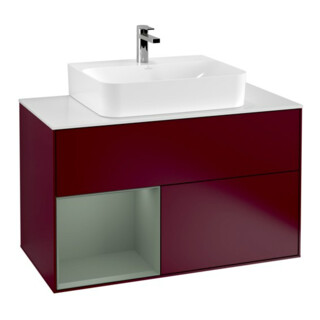 V&B Meuble sous lavabo Finion 100, placage bleu mat, tiroir gauche, huile mat, poignée mat