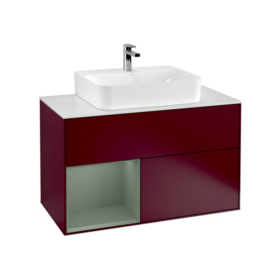 V&B Meuble sous lavabo Finion 100, placage bleu mat, tiroir gauche, huile mat, poignée mat