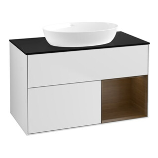 V&B Meuble sous lavabo Finion 100, placage bleu, tiroir à rainures, blanc mat laqué