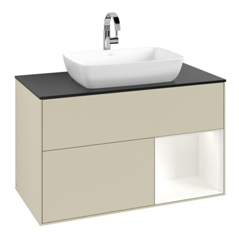 V&B Meuble sous-lavabo Finion 100, placage bois, 1 porte, blanc mat laqué, poignée argent mat laqué