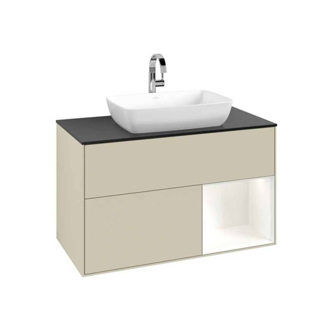 V&B Meuble sous-lavabo Finion 100, placage bois, 1 porte, blanc mat laqué, poignée argent mat laqué