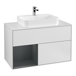 V&B Meuble sous lavabo Finion 100, placage bois, armoire gauche, blanc laqué