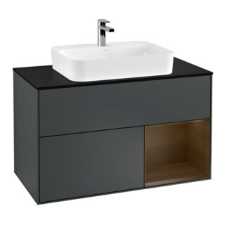 V&B Meuble sous-lavabo Finion 100, placage bois, chêne verni, avec façade laquée bleue